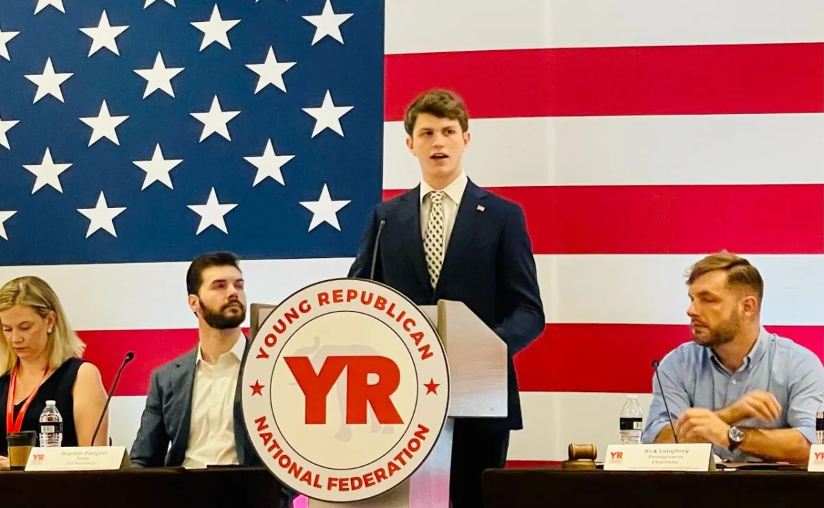 Will Atkins, chairman for the High School Republican National Federation, speaking before the Young Republican National Federation convention held at the Ritz Carlton in Pentagon City in July 2022. (HSREPS.org) 
