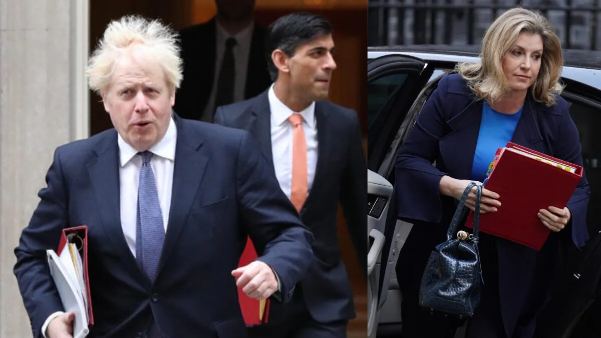 The contenders for the Conservative Party leadership contest (L to R): Boris Johnson, Rishi Sunak, and Penny Mordaunt pictured outside Downing Street in October 2020 and October 2022. (PA)