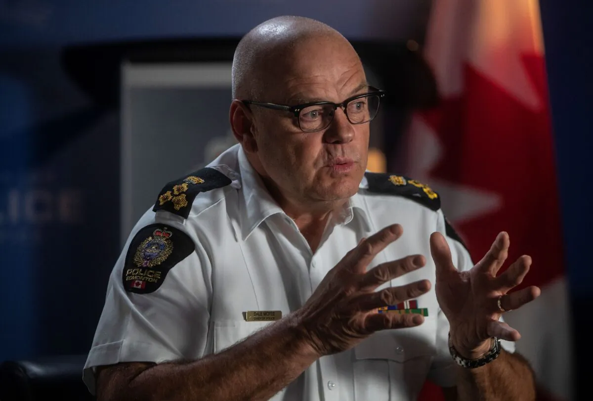 Edmonton Police Chief Dale McFee talks during an interview in Edmonton on Dec. 14, 2021. (The Canadian Press/Jason Franson)