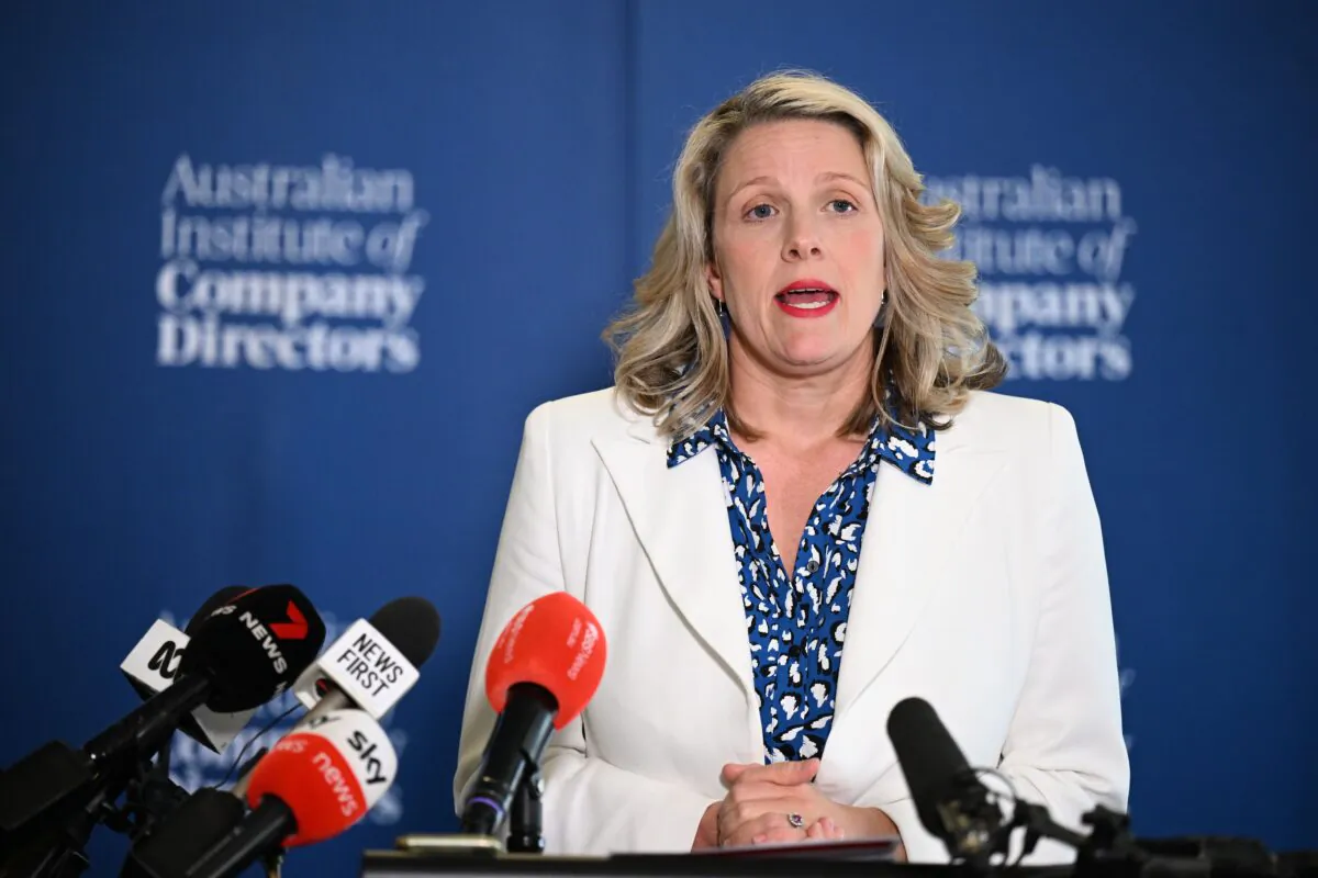 Minister for Home Affairs and Minister for Cyber Security Clare O'Neil speaks to media in Melbourne, Australia, on Oct. 20, 2022. (AAP Image/James Ross)
