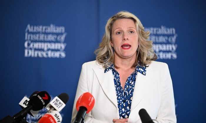 Minister for Home Affairs and Minister for Cyber Security Clare O'Neil speaks to media in Melbourne, Australia, on Oct. 20, 2022. (AAP Image/James Ross)