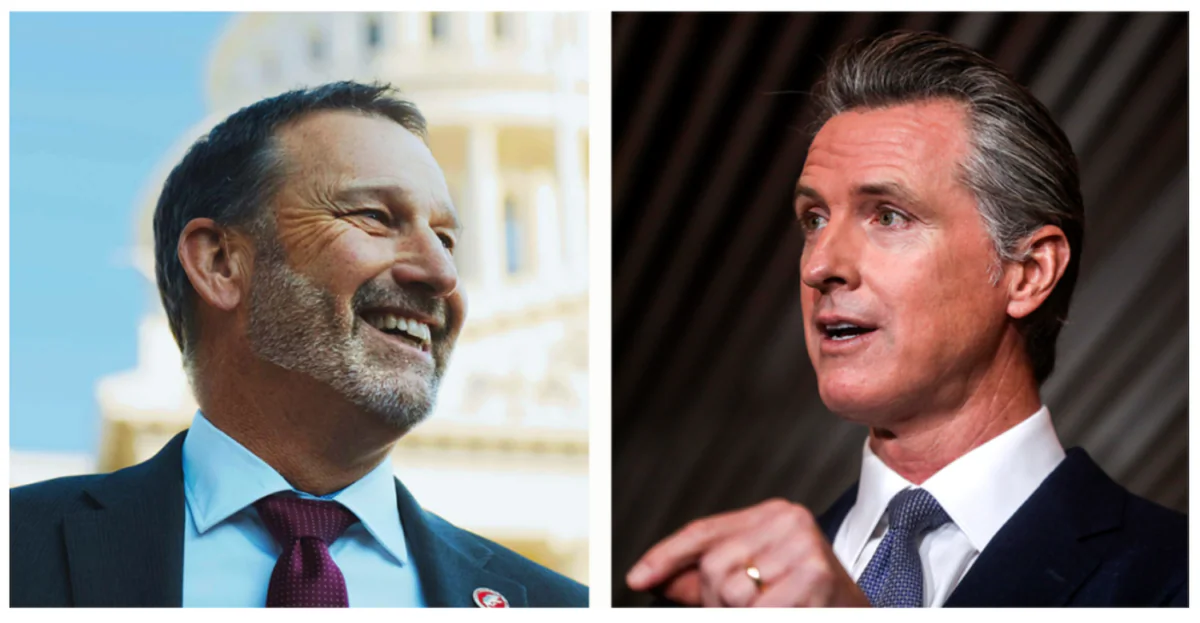(Left) State Sen. Brian Dahle. (Courtesy of Dahle for Governor campaign); (Right) Gov. Gavin Newsom. (Brontë Wittpenn/The San Francisco Chronicle via Getty Images)