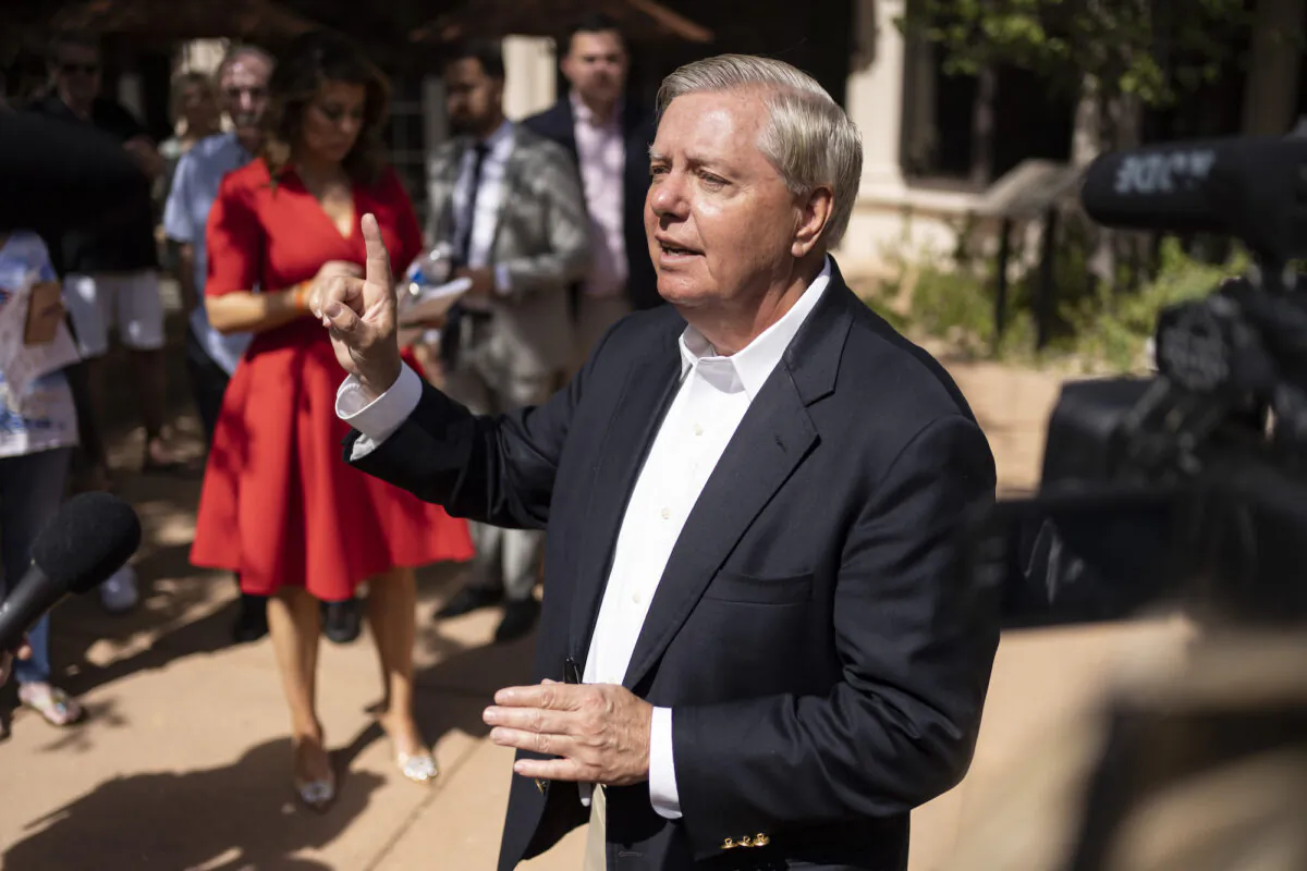 Sen. Lindsey Graham (R-S.C.) speaks to media after a panel discussion in part with the America the Great tour hosted by Heritage Action for America at the Scottsdale Resort at McCormick Ranch in Scottsdale, Ariz., on Oct. 14, 2022. (Rebecca Noble/Getty Images)
