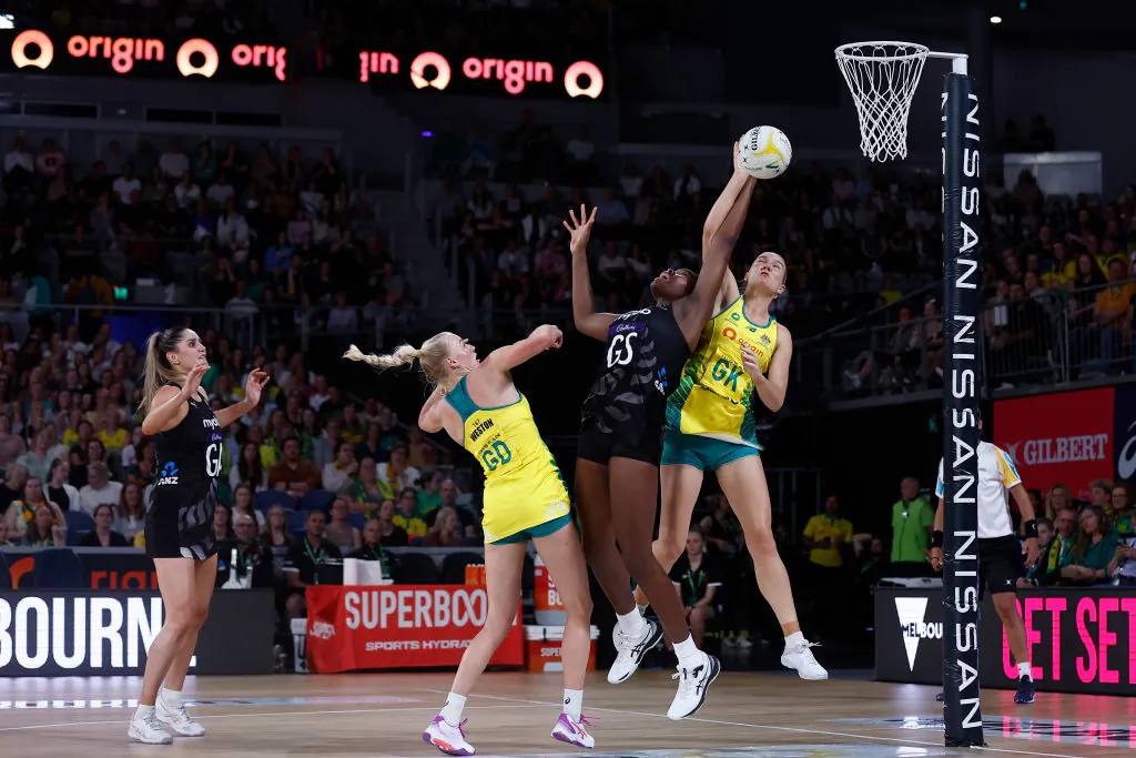 Courtney Bruce of the Australian Diamonds defends against Grace Nweke of the Silver Ferns during the Constellation Cup match between the Australia Diamonds and the New Zealand Silver Ferns at John Cain Arena in Melbourne, Australia on Oct. 19, 2022. (Darrian Traynor/Getty Images)