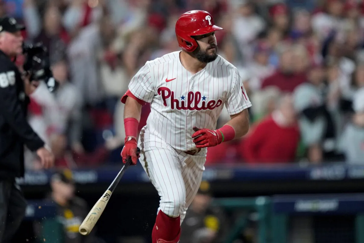 Philadelphia Phillies' Kyle Schwarber watches his home run during the first inning in Game 3 of the baseball NL Championship Series between the San Diego Padres and the Philadelphia Phillies in Philadelphia on Oct. 21, 2022. (Matt Slocum/AP Photo)