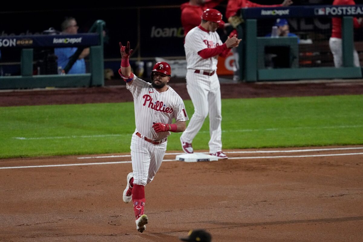 Philadelphia Phillies' Kyle Schwarber celebrates
