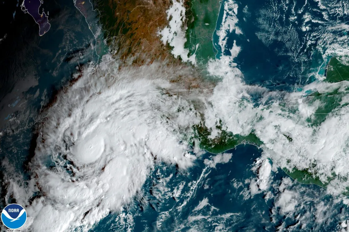 This satellite image taken at 10am ET shows Tropical Storm Roslyn approaching the Pacific coast of Mexico, on Oct. 21, 2022. (NOAA via AP)