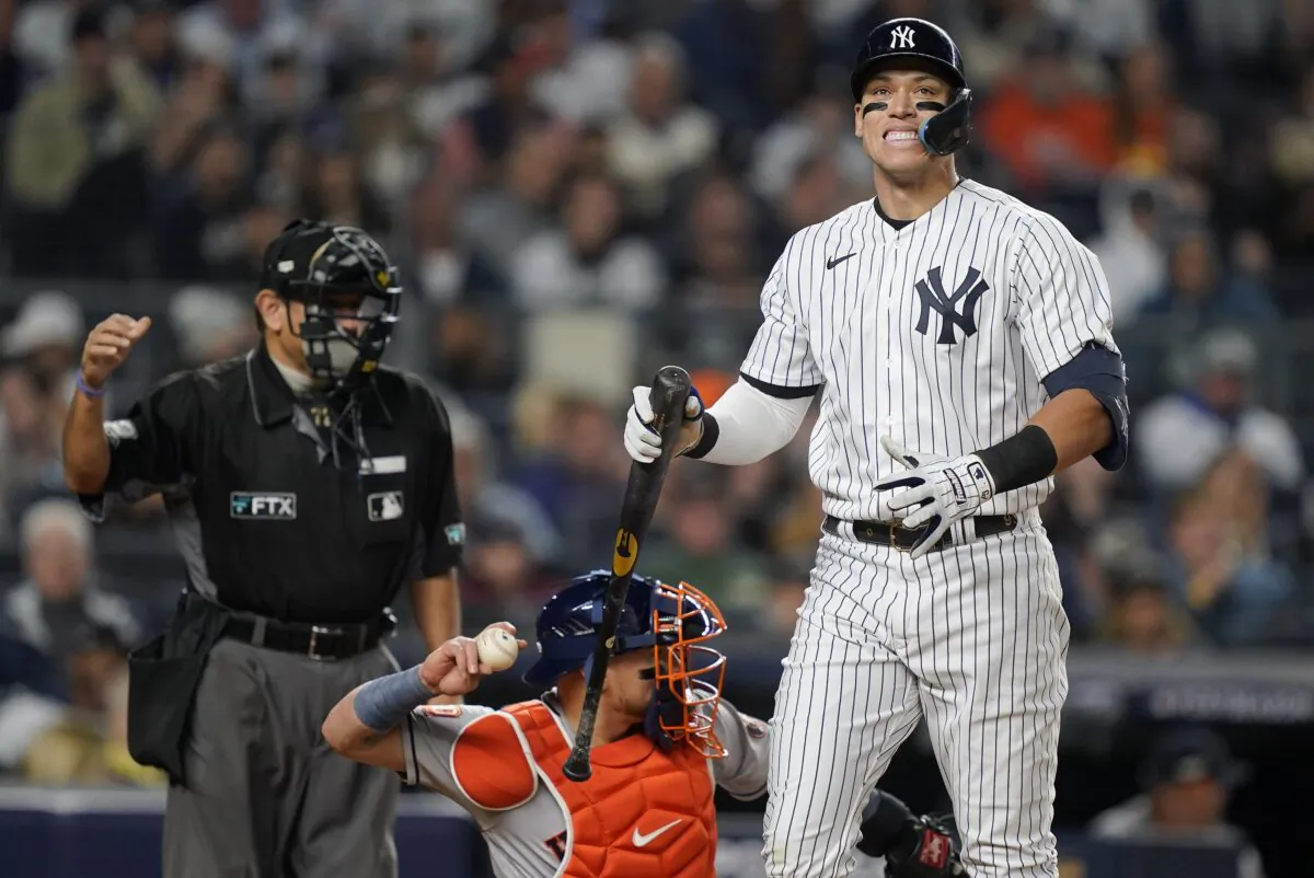 New York Yankees Aaron Judge reacts after striking out against the Houston Astros during the fourth inning of Game 3 of an American League Championship baseball series in New York on Oct. 22, 2022. (John Minchillo/AP Photo)