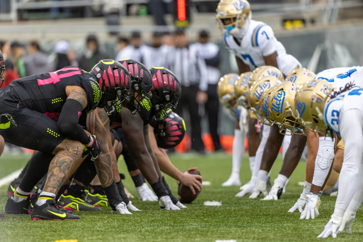 The line of scrimmage between the Oregon Ducks and the UCLA Bruins during the first half at Autzen Stadium in Eugene, Ore., on Oct. 22, 2022. (Tom Hauck/Getty Images)