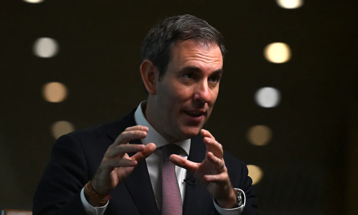 Australian Treasurer Jim Chalmers conducts television interviews at Parliament House in Canberra, Australia, on Oct. 23, 2022. (AAP Image/Mick Tsikas)