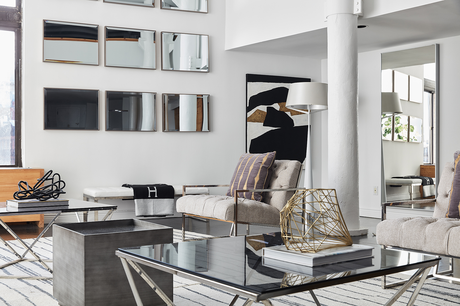 A long bench helps to add an industrial vibe to a loft space.