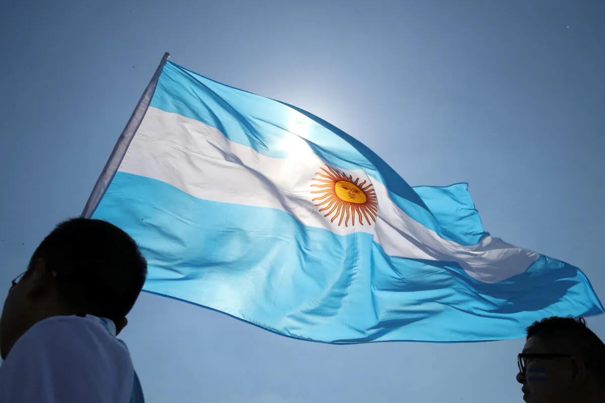 The Argentina flag held up by fans before the match of Argentina vs Iceland, the World Cup in Spartak Stadium, Moscow on June 16, 2018. (Carl Recine/Reuters)
