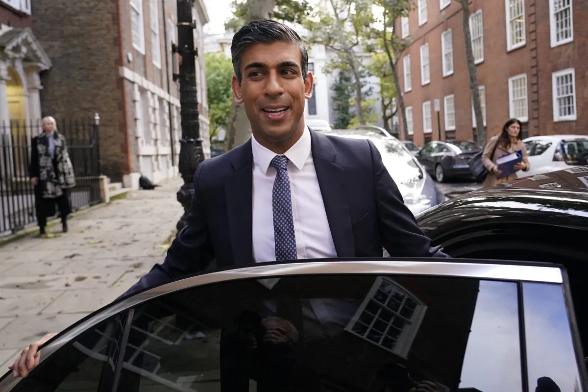 Conservative Party leadership candidate Rishi Sunak leaves his campaign office in London on Oct. 24, 2022. (AP Photo/Aberto Pezzali)