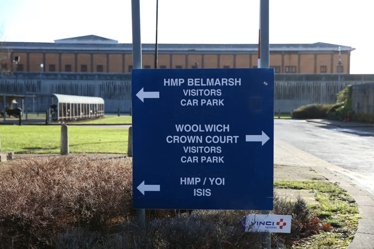 A sign outside Belmarsh prison in south east London on Dec. 10, 2021. (Hollie Adams/AFP via Getty Images)