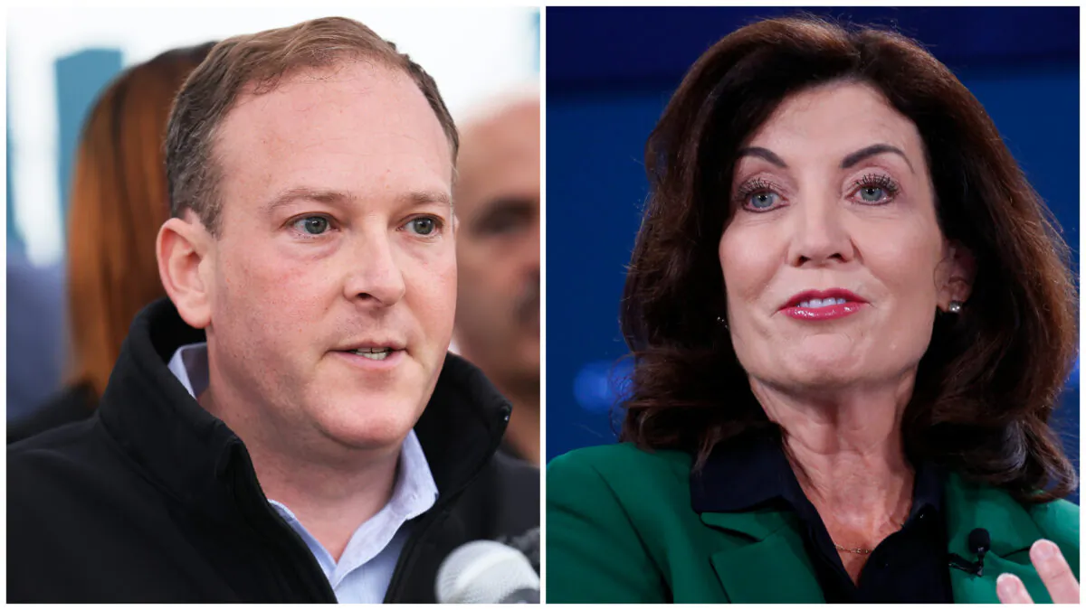 (Left) New York Republican gubernatorial nominee Rep. Lee Zeldin (R-N.Y.) speaks during a press conference at the entrance to the Rikers Island jail in New York on Oct. 24, 2022. (Michael M. Santiago/Getty Images); (Right) New York State Governor Kathy Hochul speaks on stage during The 2022 Concordia Annual Summit-Day 2 at Sheraton New York in New York on Sept. 20, 2022. (John Lamparski/Getty Images for Concordia Summit)