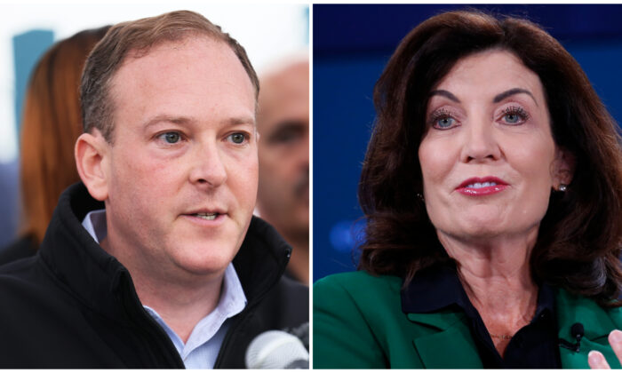 (Left) New York Republican gubernatorial nominee Rep. Lee Zeldin (R-N.Y.) speaks during a press conference at the entrance to the Rikers Island jail in New York on Oct. 24, 2022. (Michael M. Santiago/Getty Images); (Right) New York State Governor Kathy Hochul speaks on stage during The 2022 Concordia Annual Summit-Day 2 at Sheraton New York in New York on Sept. 20, 2022. (John Lamparski/Getty Images for Concordia Summit)