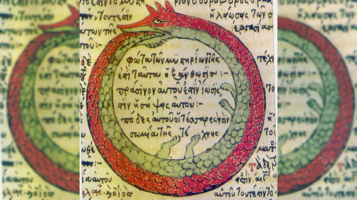Ouroboros drawing from a late medieval Byzantine Greek alchemical manuscript. (Public Domain)