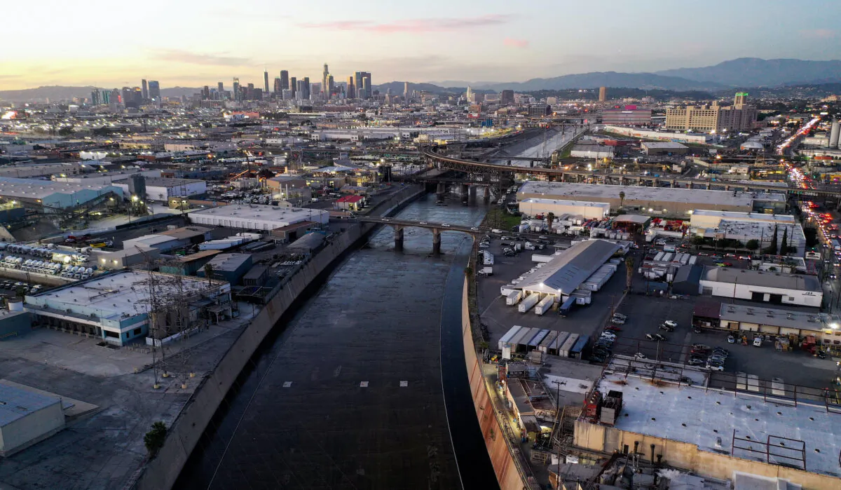 In an aerial view, the Los Angeles River flows near downtown Los Angeles in Vernon, Calif., on Feb. 3, 2022. (Mario Tama/Getty Images