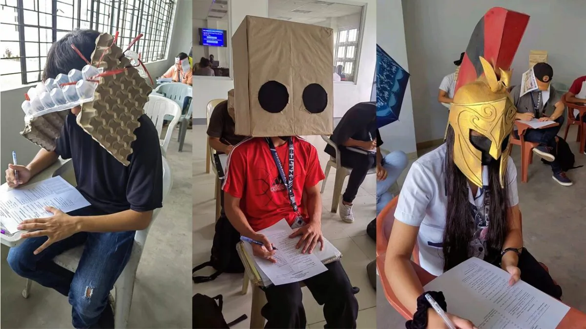 Students from Bicol University College of Engineering in the Philippines wear “anti-cheating hats” during exams on Oct. 18, 2022. (Courtesy of Mary Joy Mandane-Ortiz)