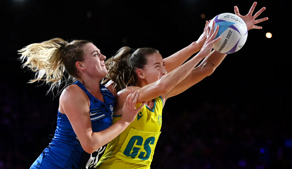 Cara Koenen of Team Australia fights for the ball against Lauren Tait of Team Scotland during Netball Pool match on day two of the Birmingham 2022 Commonwealth Games at NEC Arena on the Birmingham, England, on July 30, 2022. (David Ramos/Getty Images)