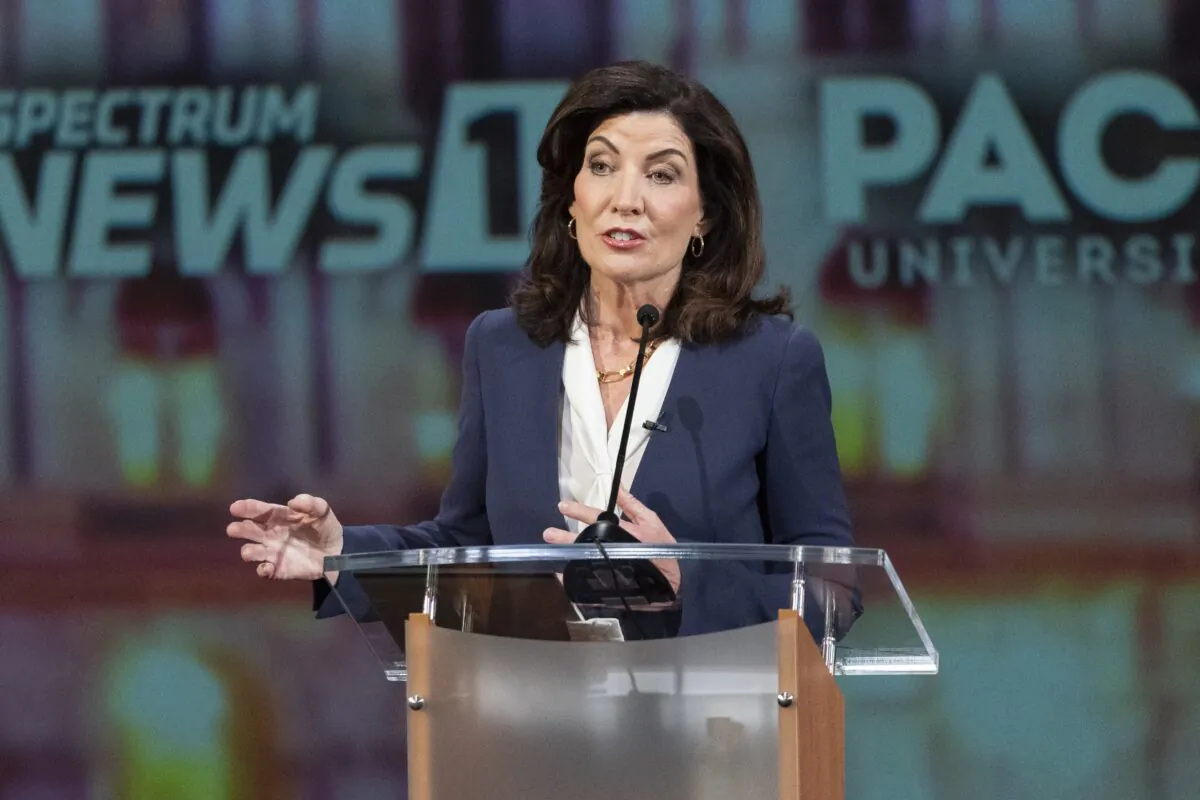 Incumbent Democratic Gov. Kathy Hochul participates in a debate against Republican candidate for New York Governor Lee Zeldin hosted by Spectrum News NY1, at Pace University in New York on Oct. 25, 2022. (Mary Altaffer/Pool via AP)