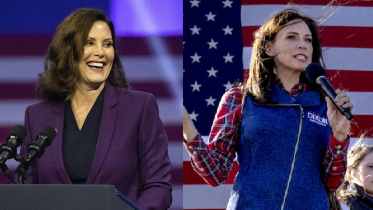 (R) Republican gubernatorial candidate Tudor Dixon and (L) Michigan Gov. Gretchen Whitmer in a composite photo. (Nic Antaya/Getty Images) (Bill Pugliano/Getty Images)