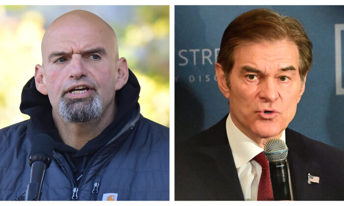 (Left) Democratic candidate for U.S. Senate John Fetterman addresses supporters during a rally at Norris Park in Philadelphia on Oct. 15, 2022. (Right) Republican U.S. Senate candidate Dr. Mehmet Oz hosts a safer streets community discussion in Philadelphia on Oct. 13, 2022. (Mark Makela/Getty Images)