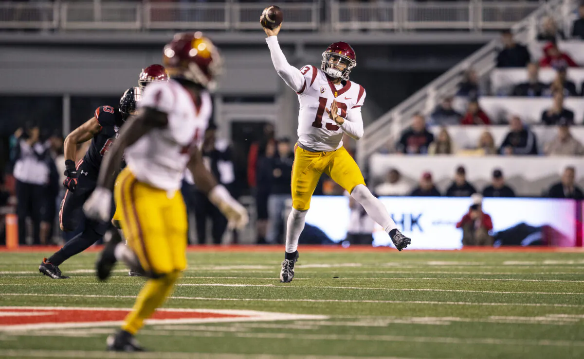 Caleb Williams (13) of the USC Trojans throws a pass during the second half of their game against the Utah Utes at Rice-Eccles Stadium in Salt Lake City Utah, on Oct. 15, 2022. (Chris Gardner/ Getty Images)