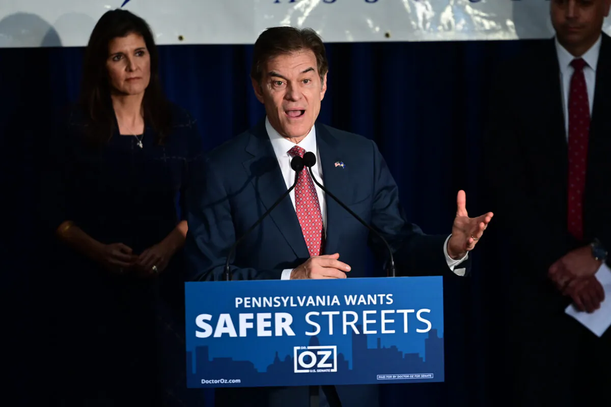 Republican Pennsylvania Senate nominee Dr. Mehmet Oz speaks at an event with Nikki Haley in Harrisburg, Pennsylvania, on Oct. 26, 2022. (Mark Makela/Getty Images)