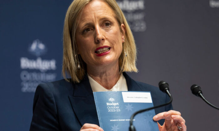 Finance and Women's Minister Katy Gallagher speaks during a budget lockup press conference to announce details of the 2022-23 federal budget to the media at Parliament House in Canberra, Australia, on Oct. 25, 2022. (Martin Ollman/Getty Images)