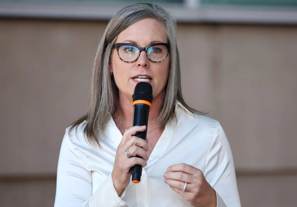 Arizona Secretary of State and Democratic gubernatorial candidate Katie Hobbs speaks at a press conference near the Evo A. DeConcini Courthouse in Tucson, Ariz., on Oct. 7, 2022. (Mario Tama/Getty Images)