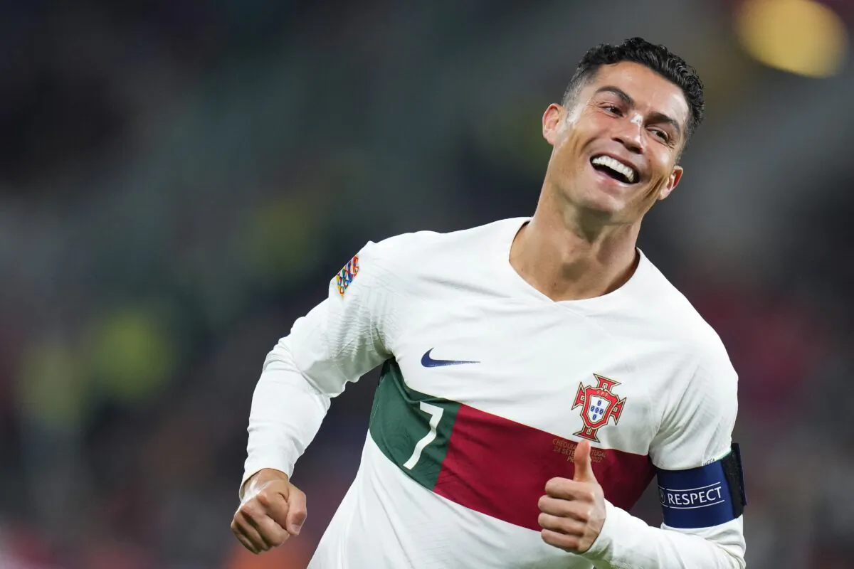 Portugal's Cristiano Ronaldo celebrates after Portugal's Diogo Dalot scored their side's third goal during the UEFA Nations League soccer match between the Czech Republic and Portugal at the Sinobo stadium in Prague, Czech Republic, on Sept. 24, 2022. (Petr David Josek/AP Photo)
