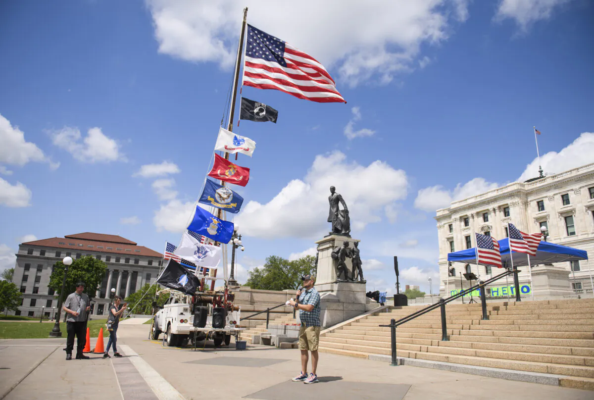 Minnesota state Rep. Eric Mortenson, a Republican, speaks to a group gathered outside the Minnesota State Capitol building in St. Paul, Minn., on May 22, 2021. (Stephen Maturen/Getty Images)