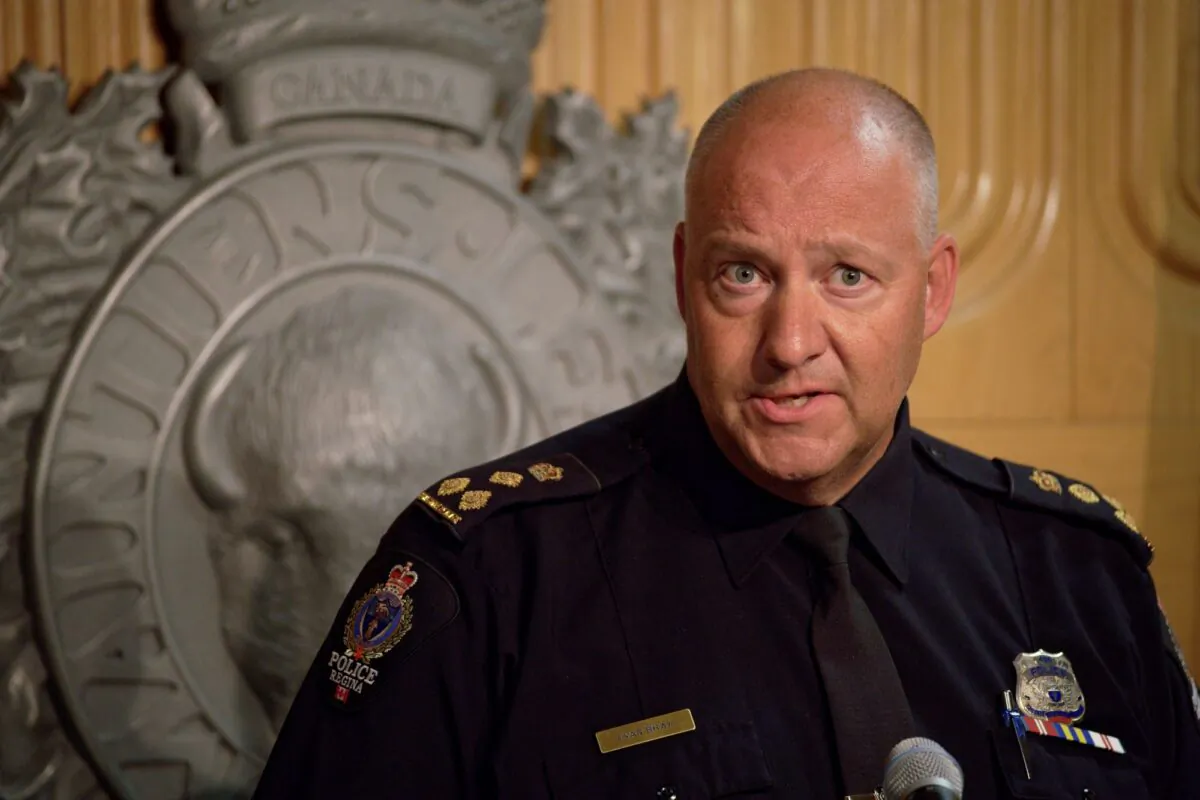 Evan Bray, chief of Regina Police Service and co-chair of the Special Purpose Committee on Firearms for the Canadian Association of Chiefs of Police (CACP), speaks at a press conference in Regina on Sept. 5, 2022.  (The Canadian Press/Michael Bell)