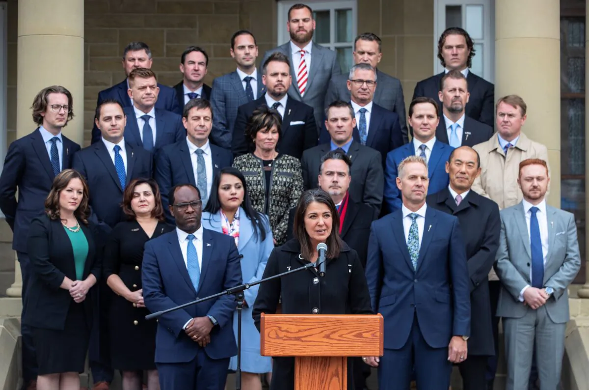 Alberta Premier Danielle Smith speaks at a press conference after members of her cabinet were sworn in, in Edmonton on Oct. 24, 2022. (Jason Franson/The Canadian Press)