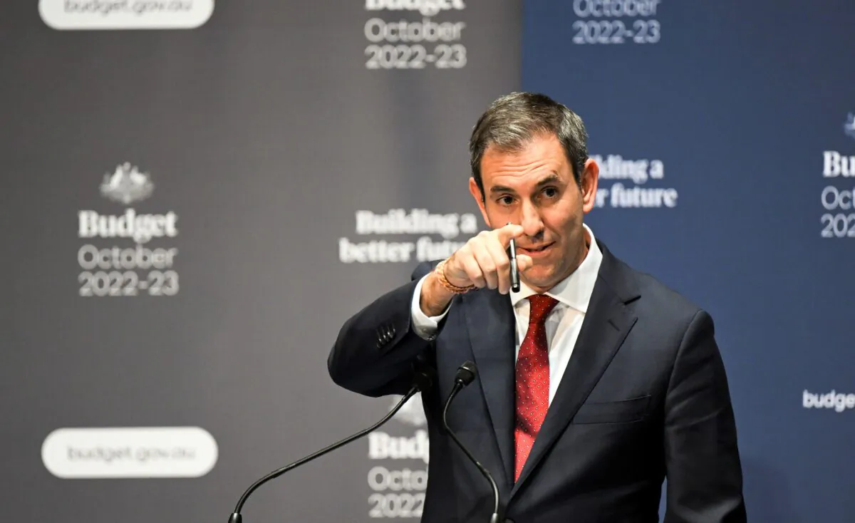 Australian Treasurer Jim Chalmers speaks to the media during a press conference inside the Budget lockup at Parliament House in Canberra, Australia, on Oct. 25, 2022. (AAP Image/Lukas Coch)