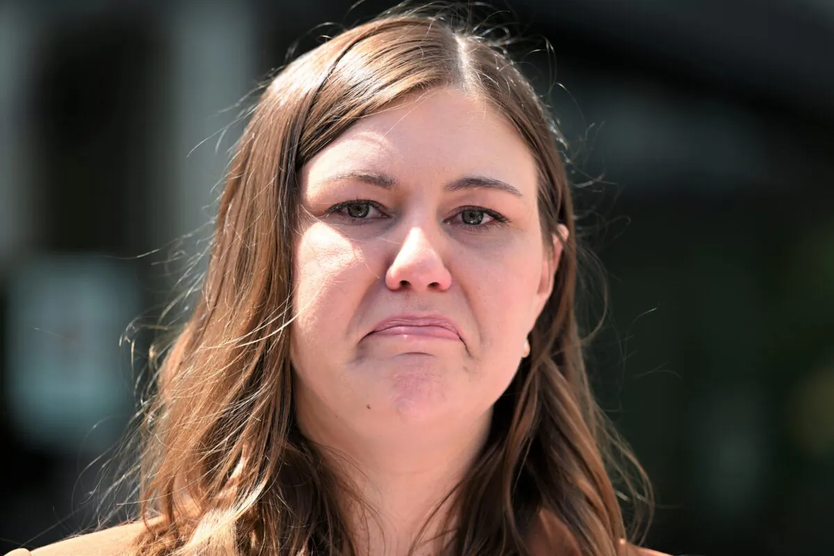 Former Liberal Party staffer Brittany Higgins makes a statement after leaving the ACT Supreme Court in Canberra, Australia, Oct. 27, 2022. (AAP Image/Mick Tsikas)