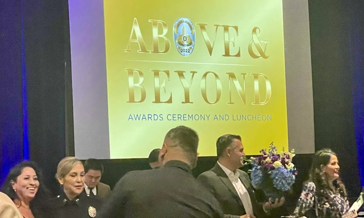 Authorities gathered to honor 14 Los Angeles Police Department officers, one of them posthumously, for acts of heroism and sacrifice at the Westin Bonaventure Hotel in downtown Los Angeles on Oct. 20, 2022. (Carol Cassis/The Epoch Times)