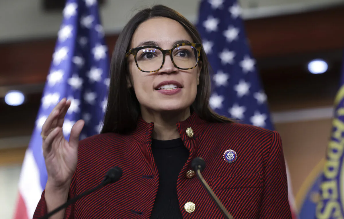 Rep. Alexandria Ocasio-Cortez (D-N.Y.) speaks on banning stock trades for members of Congress at a news conference on Capitol Hill in Washington, on April 07, 2022. (Kevin Dietsch/Getty Images)