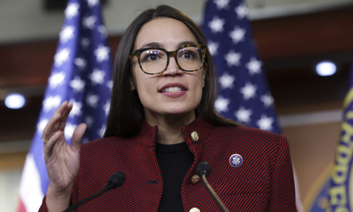 Rep. Alexandria Ocasio-Cortez (D-N.Y.) speaks on banning stock trades for members of Congress at a news conference on Capitol Hill in Washington, on April 07, 2022. (Kevin Dietsch/Getty Images)
