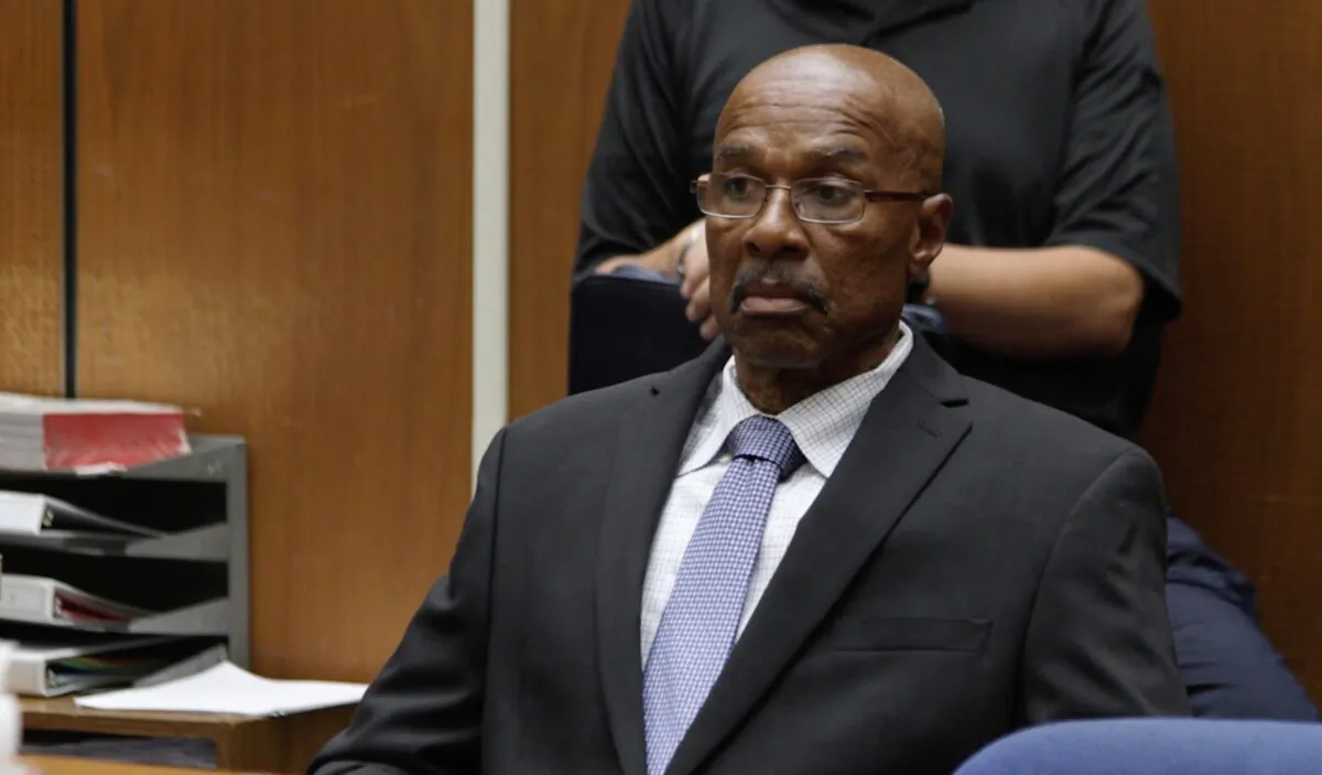 Maurice Hastings, 69, sits in court during the hearing. His conviction of the 1983 abduction and killing of a woman in Inglewood was overturned after newly tested DNA evidence showed that another man was responsible for the crime. (Screenshot via Vimeo/Los Angeles District Attorney’s Office)