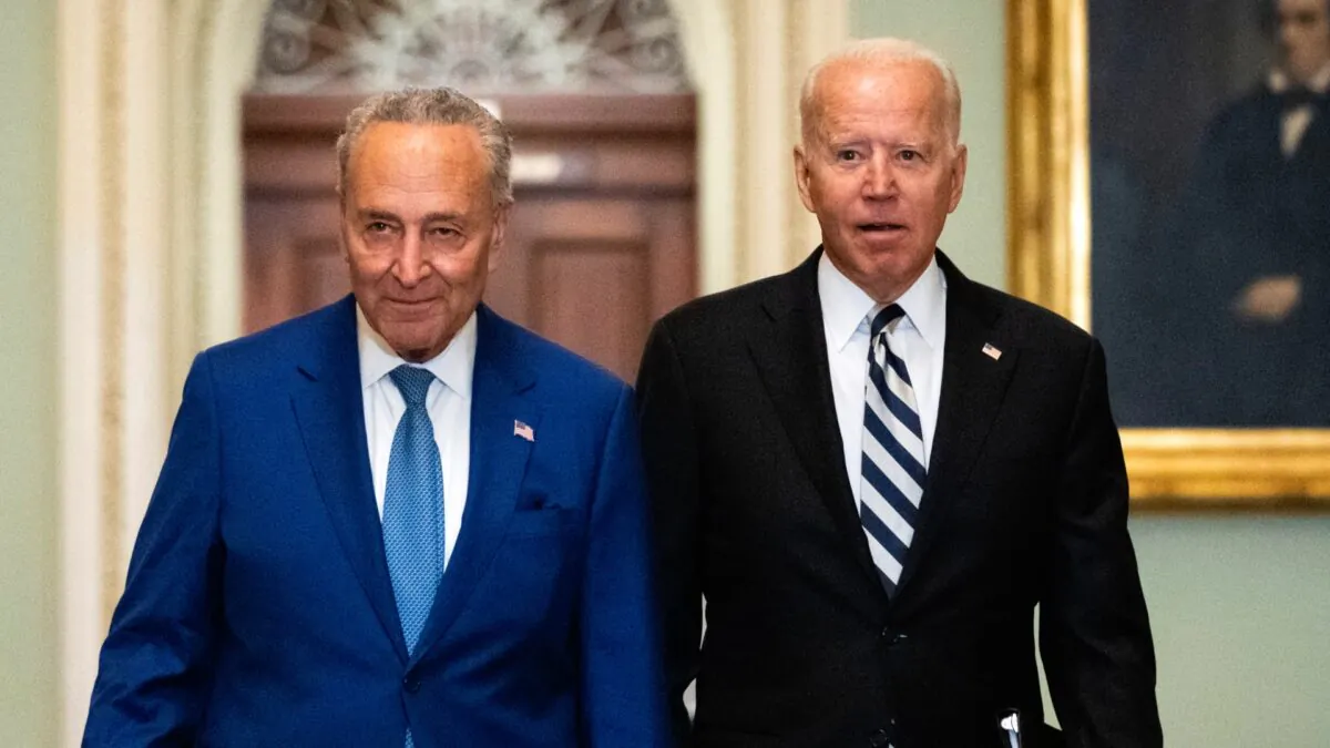 Senate Majority Leader Chuck Schumer (D-N.Y.) and President Joe Biden arrive at the U.S. Capitol in Washington on July 14, 2021. (Drew Angerer/Getty Images)