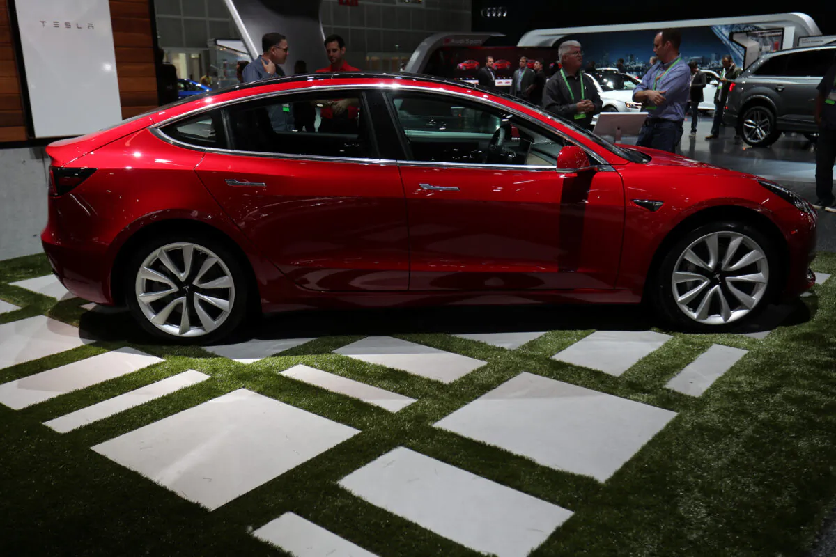 A TESLA Model 3 at the Los Angeles Auto Show in Los Angeles on Nov. 30, 2017. (Mike Blake/Reuters)