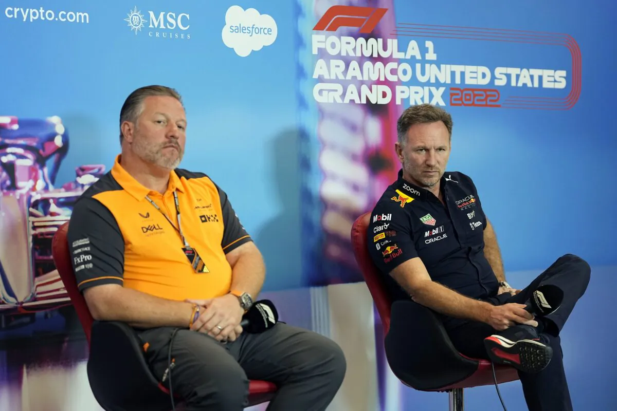 McLaren CEO Zak Brown (L) and Red Bull team principal Christian Horner take part in a news conference at the Formula One U.S. Grand Prix auto race at Circuit of the Americas in Austin, Texas, on Oct. 22, 2022. (Eric Gay/AP Photo)