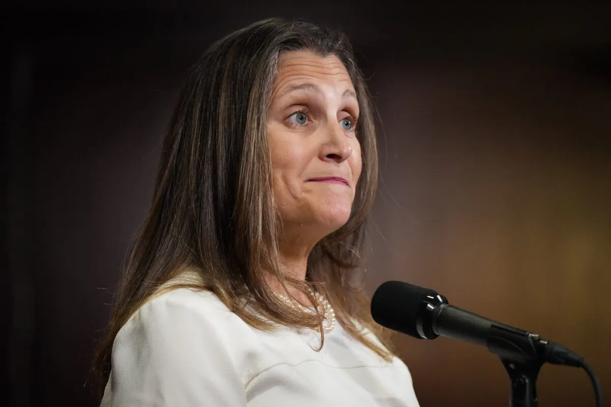 Deputy Prime Minister and Minister of Finance Chrystia Freeland pauses while responding to questions during the second day of a Liberal cabinet retreat, in Vancouver on Sept. 7, 2022. (The Canadian Press/Darryl Dyck)
