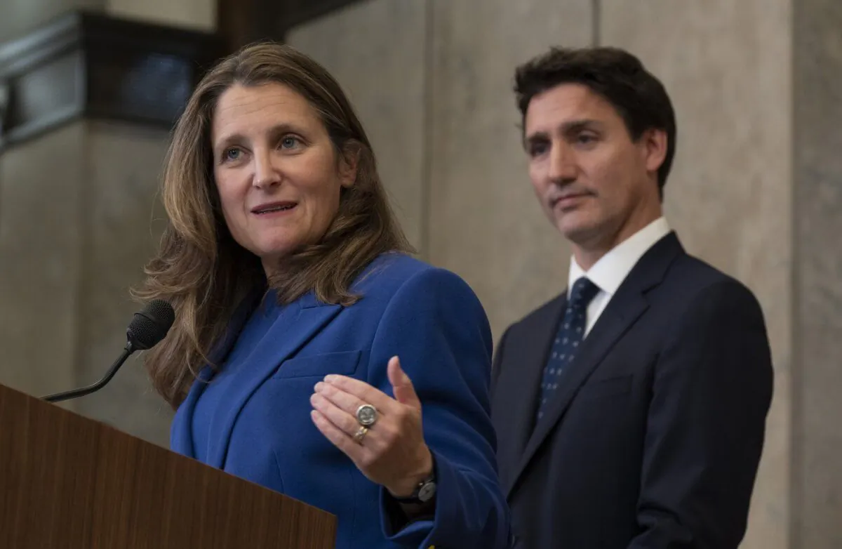 Prime Minister Justin Trudeau looks on as Deputy Prime Minister and Finance Minister Chrystia Freeland speaks in Ottawa on Oct. 7, 2022. (The Canadian Press/Adrian Wyld)
