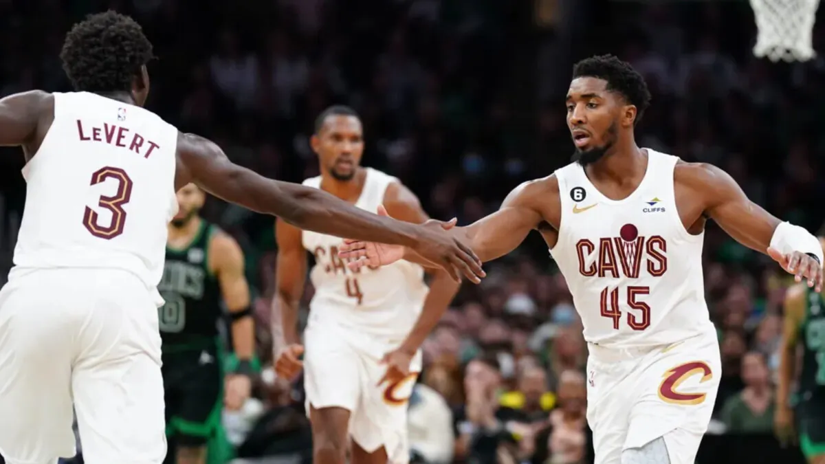 Cleveland Cavaliers guard Donovan Mitchell (45) reacts with guard Caris LeVert (3) against the Boston Celtics in the second half at TD Garden in Boston, Mass., on Oct 28, 2022. (David Butler II/USA TODAY Sports via Field Level Media)