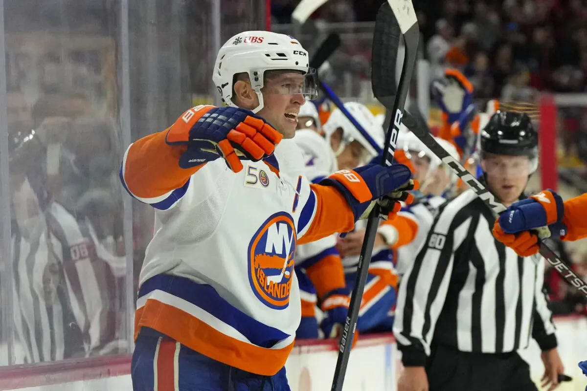 New York Islanders right wing Josh Bailey (12) celebrates his goal against the Carolina Hurricanes during the second period at PNC Arena in Raleigh, North Carolina, on Oct 28, 2022. (James Guillory/USA TODAY Sports via Field Level Media)