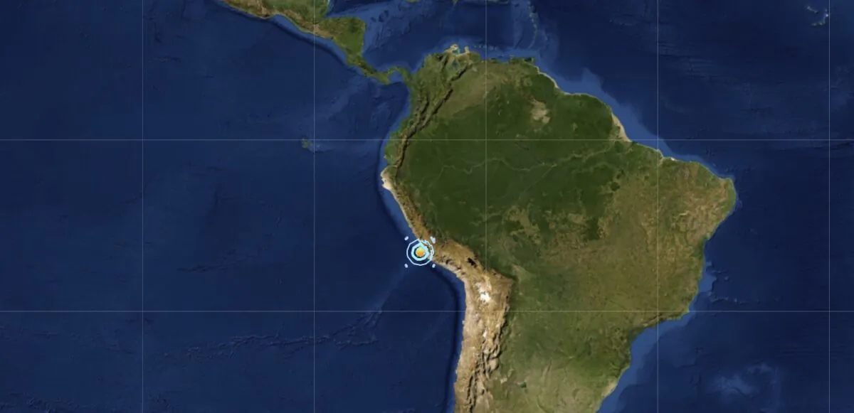 A map shows the location of a magnitude 5.9 earthquake near Peru's central coast on Oct. 28, 2022. (USGS/Screenshot via NTD)