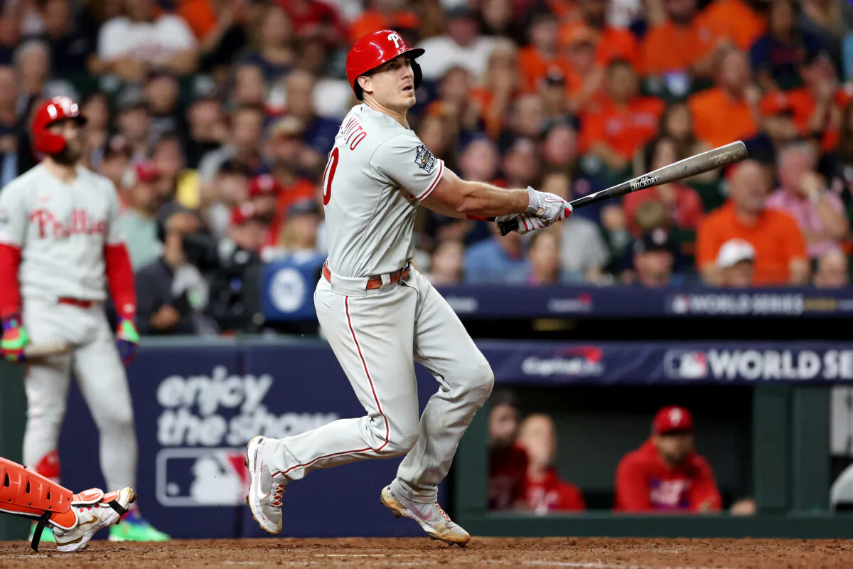 J.T. Realmuto (10) of the Philadelphia Phillies hits a home run in the 10th inning against the Houston Astros in Game One of the 2022 World Series at Minute Maid Park in Houston, on Oct. 28, 2022. (Sean M. Haffey/Getty Images)